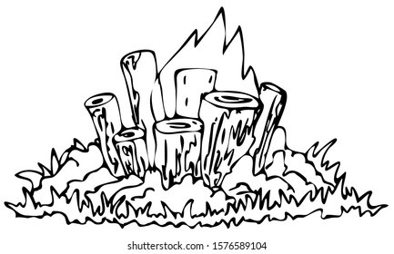 black and white vector illustration - fire "Polynesian" (vertical logs in the pit)
