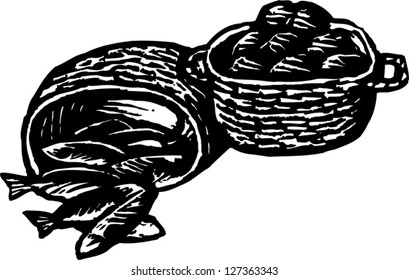 Black and white vector illustration of fish and loaves