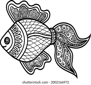 Black and white vector illustration of a fish. An idea for a logo,fashion illustrations, magazines, print on clothing, advertising, tattoo sketch or mehendi.