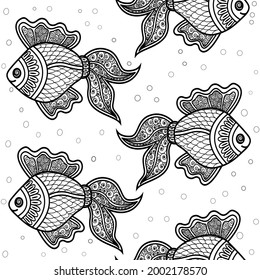 Black and white vector illustration of a fish. An idea for a logo,fashion illustrations, patterns, magazines, printing on clothes, advertising, drawing and creativity.