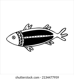 Black and white vector illustration with fish in etnic style. For any your designs and decors. Suitable for making patterns, postcards, labels, packaging, covers and more.