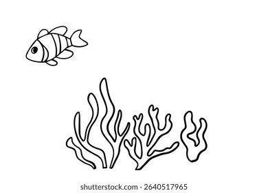Black and white vector illustration of a fish with seaweeds for coloring book. Isolated outline on white background. Perfect for kids’ coloring pages, educational materials, printable worksheets, or d
