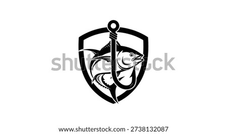 A black and white vector illustration of a fish caught on a fishing hook, inside a shield shape. The artwork is suitable for logos and is an editable vector file.