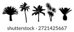 Black and white vector illustration of five tropical palms, including fan, banana, and spiky palms, in a clean minimalist silhouette style isolated on white background
