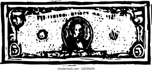 Black and white vector illustration of five dollar bill