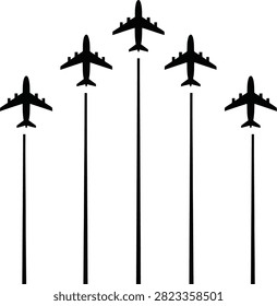 Black and white vector illustration of five airplanes flying upward in a V formation leaving smoke trails during an air show.