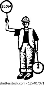Black and white vector illustration of flagman road worker