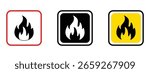 A black and white vector illustration of a flame icon, enclosed in a rounded square frame. The flame is stylized and simple, suitable for use as a symbol or sign.