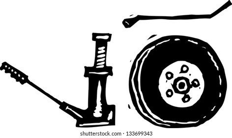 Black and white vector illustration of flat tire repair and jack