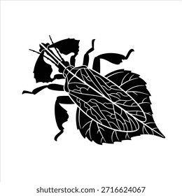Ilustración vectorial en blanco y negro de un bicho plano, con alas detalladas en forma de hoja. Silueta gráfica de un insecto único sobre fondo blanco.