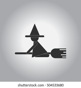 Black and white Vector illustration in flat design Halloween icon witch on broom