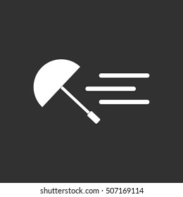 black and white Vector illustration in flat design of flying umbrella in storm