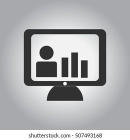 black and white Vector illustration in flat design of column chart on monitor