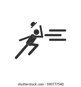 black and white Vector illustration in flat design of man running in storm