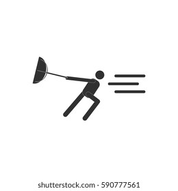 black and white Vector illustration in flat design of man with umbrella in storm