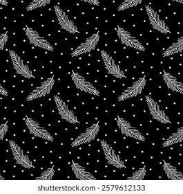 A black and white vector illustration of a flock of feathers and dots separated on black background.