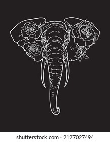 A black and white vector illustration of a floral elephant head on black background 