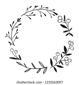 Black and white vector illustration with flowers, leaves, branches, plants. Round floral wreath. Monochrome design for posters or cards. Vector hand drawn design for poster, prints, cards 