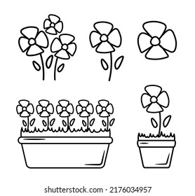 Ilustración vectorial en blanco y negro de flores y hojas en olla. Iconos de línea de la planta doméstica decorativa floreciente en el contenedor. Objeto aislado sobre fondo blanco.