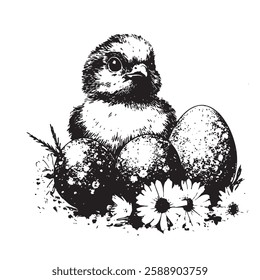 
black and white vector illustration of a fluffy chick surrounded by Easter eggs and daisies in a vintage engraving style. Perfect for Easter cards, spring decorations, and nature-themed designs