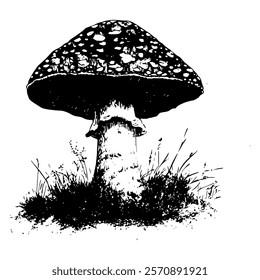 black and white vector illustration of a fly agaric mushroom with detailed texture, ideal for botanical, nature, and artistic designs