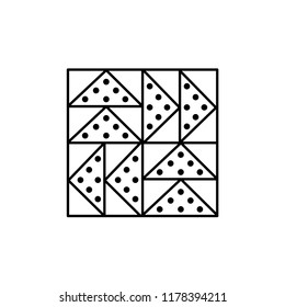 Black & white vector illustration of flying geese quilt pattern. Line icon of quilting & patchwork geometric design template. Isolated object on white background. 
