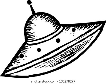 Black and white vector illustration of a Flying Saucer or UFO