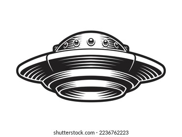 Black and white vector illustration of a flying saucer on a white background