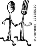 Black and white vector illustration of fork and spoon running while holding hands