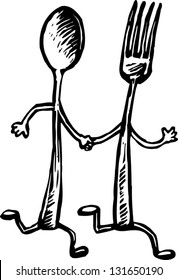 Black and white vector illustration of fork and spoon running while holding hands