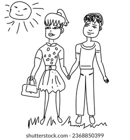 Black and white vector illustration in the form of a child's pencil drawing of a sketch depicting a man and a woman