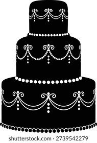 A black and white vector illustration of a formal, multi-layered celebration cake. Each tier is adorned with intricate, elegant white piping, swags, and pearl-like dots.