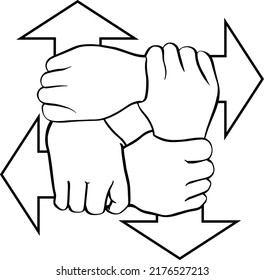 Black and white vector illustration of four hands holding each other on the wrist, the arm is an arrow. Concept of teamwork in diversity.