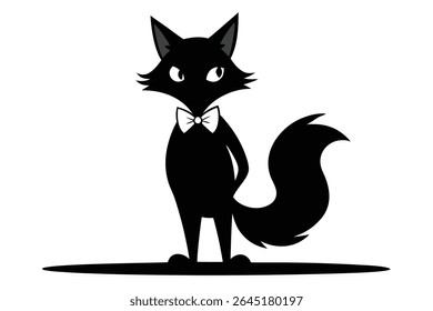 Black and white vector illustration of a fox wearing a bow tie standing on a black base against a white background. The style is simple and graphic.