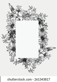 Black and white vector illustration. Frame with flowers, hand-drawing.