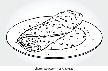 Black and white vector illustration of a French omelette on a white plate.