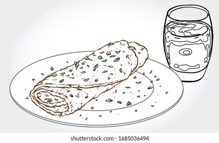 Black and white vector illustration of a French omelette on a plate with orange juice.