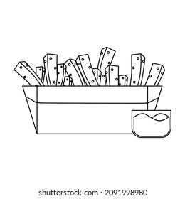 Black and white vector illustration of french fries with ketchup for coloring book and doodle