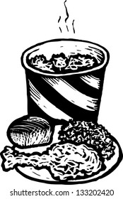 Black and white vector illustration of fried chicken dinner