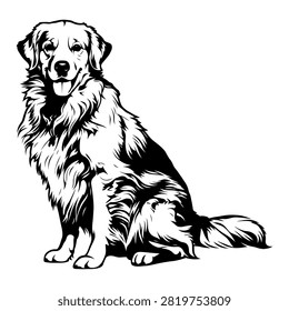 Black and white vector illustration of a friendly golden retriever dog sitting down.