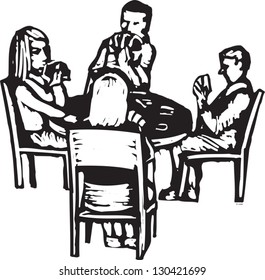 Black and white vector illustration of friends playing cards