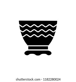 Black & white vector illustration of fruit bowl with geometric ornament. Flat icon of decorative ceramic dish for home. Isolated object on white background. 