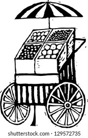 Black and white vector illustration of fruit stand