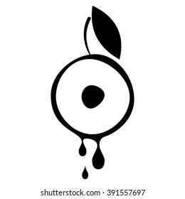 Black and white vector illustration of fruit. Half of cherry in droplets of juice, isolated on the white background. Series of Fruits and Vegetables Illustrations.