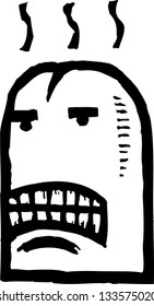 Black and white vector illustration of a frustrated video game character