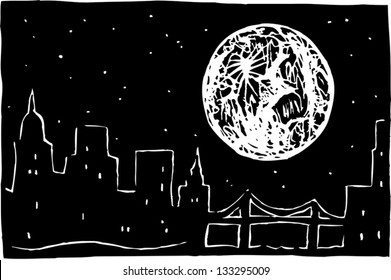 Black and white vector illustration of full moon over the city