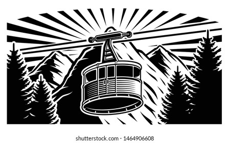 Black and white vector illustration of a funicular and mountains on the white background. 