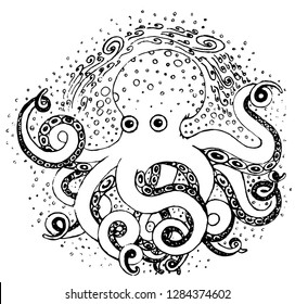 Black and white vector illustration of a funny octopus. White background. Vector illustration EPS 10.