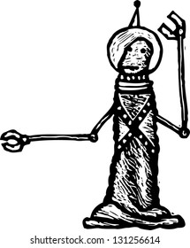 Black and white vector illustration of a funny alien