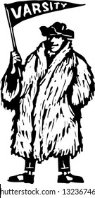 Black and white vector illustration of a funny man with a fan